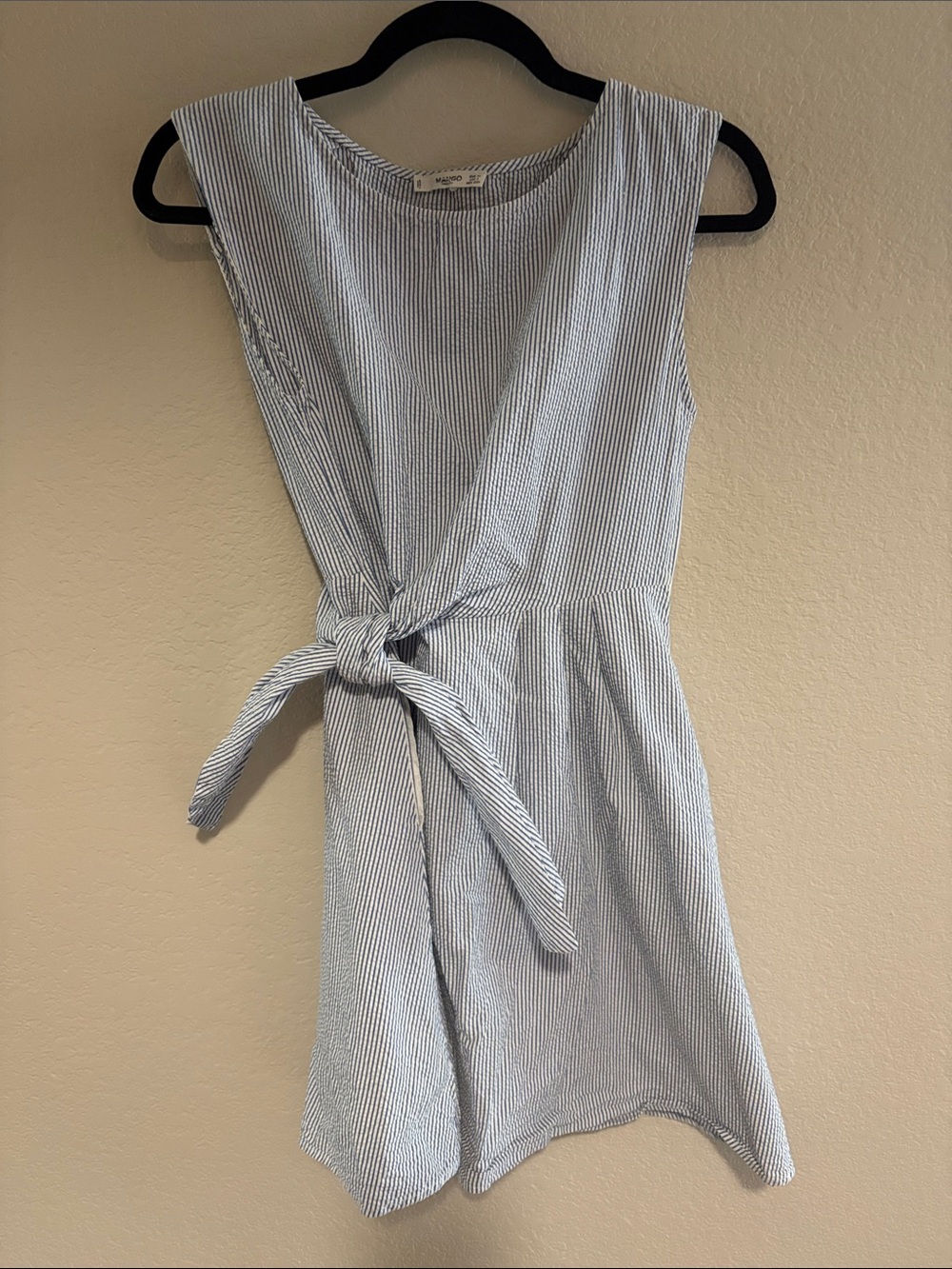 Mango Light Blue & White Striped Tie-Waist Mini Dress